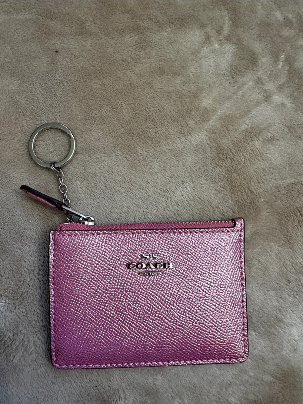 Coach Metallic Pink Leather Card Case with Key Ring